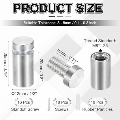 PATIKIL 1/2x1" Standoff Screws, 16 Pack Stainless Steel Stand Off Wall Mounts Wall Sign Mounting Hardware Advertising Standoff Nail for Hanging Acrylic Signs Picture Frame, Silver - size: 1/2x1"
