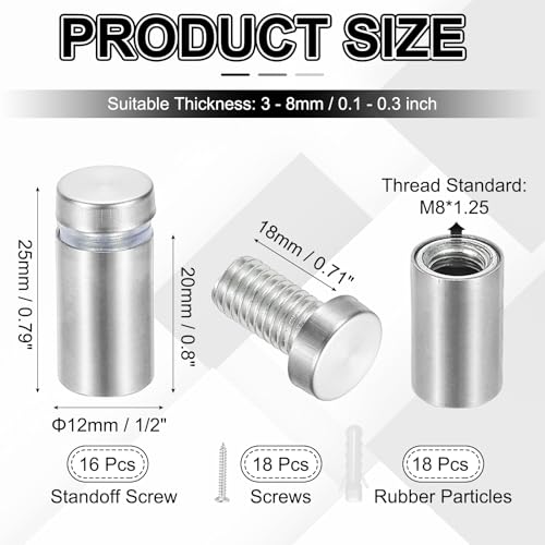 PATIKIL 1/2x1" Standoff Screws, 16 Pack Stainless Steel Stand Off Wall Mounts Wall Sign Mounting Hardware Advertising Standoff Nail for Hanging Acrylic Signs Picture Frame, Silver - size: 1/2x1"