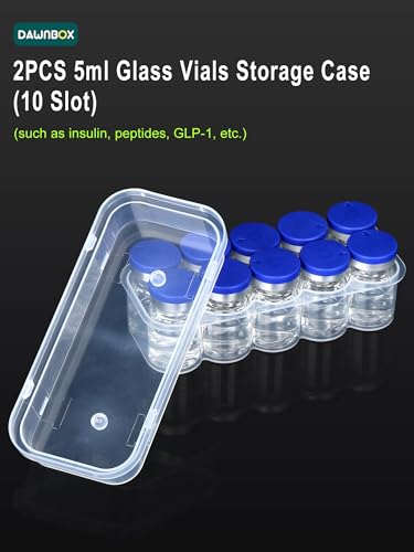 2 Pack Peptide Case for Fridge 10-Slot, 5ml Vial Storage Case for Refrigerator, Insulin Cooler Travel Case TSA Approved, 5ml Peptide Vial Storage Holder for Insulin, GLP-1, Peptides -DawnBox- Clear.