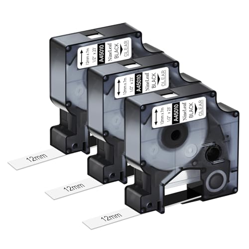 NineLeaf 3 Pack Compatible for DYMO D1 45010 S0720500 Black on Clear 12mm 1/2'' x 23ft Label Tape Refill Work in DYMO LabelManager 160 210D 260P 280 360D 420P 450D Wireless PnP 500TS 450 Label Maker - color: Black on Clear, size: 12mm