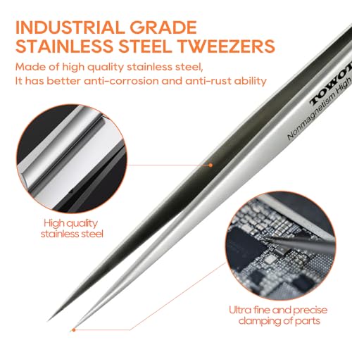TOWOT Precision Tweezers, 5 PCS Stainless Steel, Non-Magnetic, Heat Resistant, Curved, Jewelry, Electronics, Craft, Soldering, Experimental Work - size: 140mm,135mm,120mm,110mm,116mm