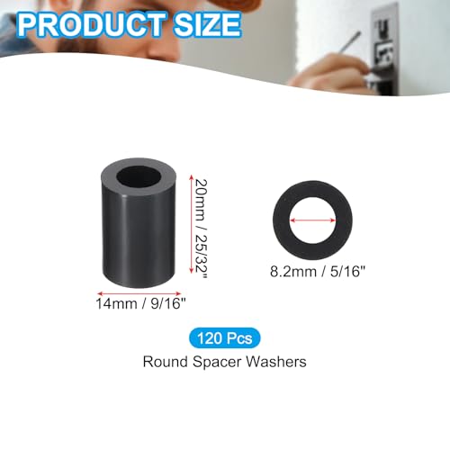 PATIKIL 120Pcs M8 ABS Spacers 5/16" ID x 9/16" OD x 25/32" L Plastic Round Spacer Washers Black Standoff Nut Unthreaded for M8 or 5/16 inch Screws Bolts Electrical Outlet - size: 5/16" ID x 9/16" OD x 25/32" L