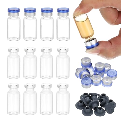 PATIKIL 12pcs 3ml Clear Borosilicate Glass Sample Vials with Aluminum Plastic Cap and Rubber Stopper for Lab Solid Liquid Powder Storage, Blue Silver Tone - color: Clear/Blue Silver Tone, size: 3ml