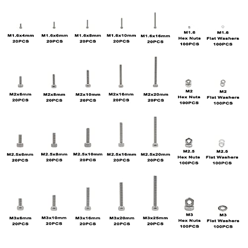 1200PCS M1.6-M3 304 SS Socket Head Cap Screws Nuts & Washers Kit - size: M1.6M2M2.5M3