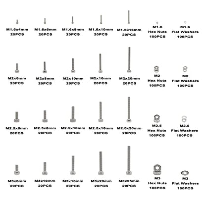 1200PCS M1.6-M3 304 SS Socket Head Cap Screws Nuts & Washers Kit - size: M1.6M2M2.5M3