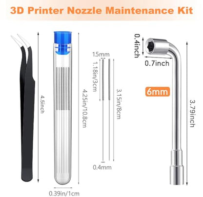 3D Printer Nozzle Kit: 20PCS High Precision MK8 Brass Nozzles (0.2/0.4/0.6/0.8/1.0mm) with Socket Wrench, 10PCS 0.4mm Cleaning Needles & Tweezers for CR-8 / CR-10 / Ender 3 / Ender 3S / 5/6