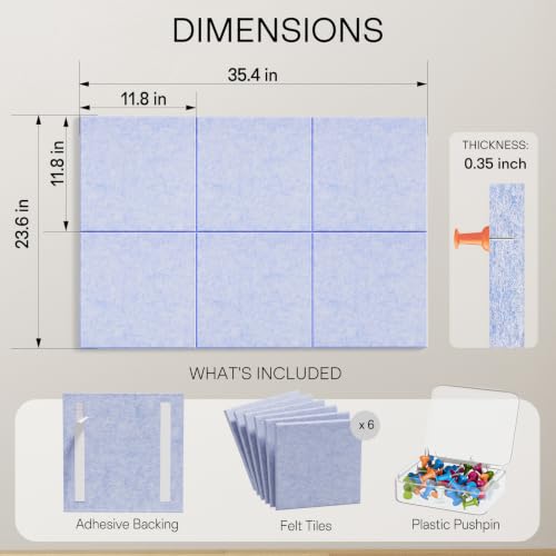 MaxGear Felt Bulletin Board 36" x 24", Light Blue Felt Wall Tiles Push Pins - color: Light Blue, size: 36" x 24"