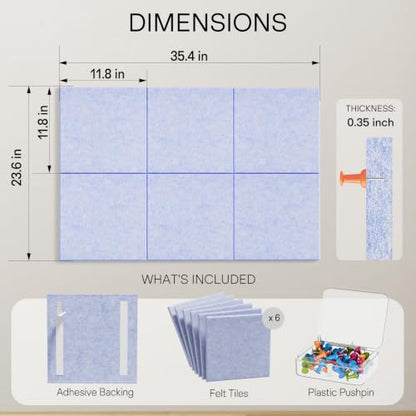 MaxGear Felt Bulletin Board 36" x 24", Light Blue Felt Wall Tiles Push Pins - color: Light Blue, size: 36" x 24"