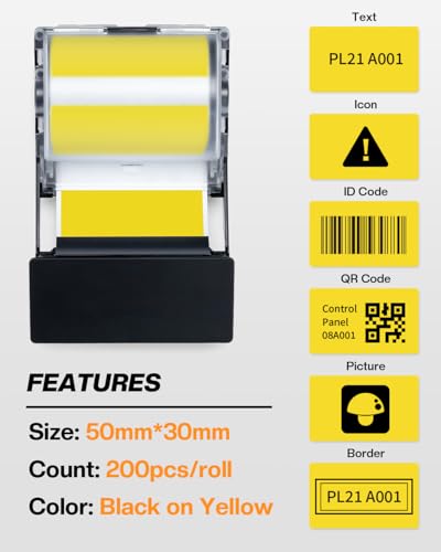Phomemo PET Label for E50RPO, All-Weather Indoor/Outdoor, Square Self-Adhesive 1.96"x1.18"(50x30mm), 200 Labels/Roll, Black on Yellow Labels Tape.