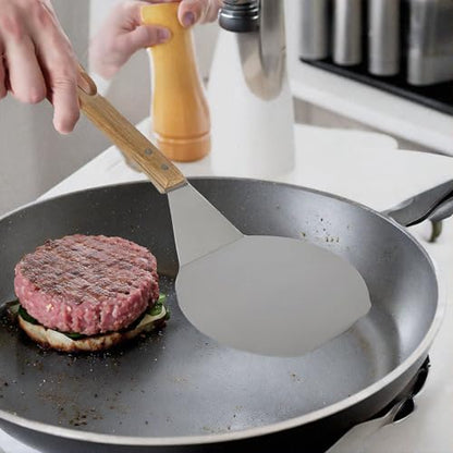 Extra-Large Stainless Steel Wide Spatula Turner Strong Wooden Handle - Dishwasher Safe Kitchen Utensil - Heavy Duty Oversized Metal Lifter Grilling, Cooking, Baking Cake & Cookies pancake spatula - size: 6.5" x 7.5"