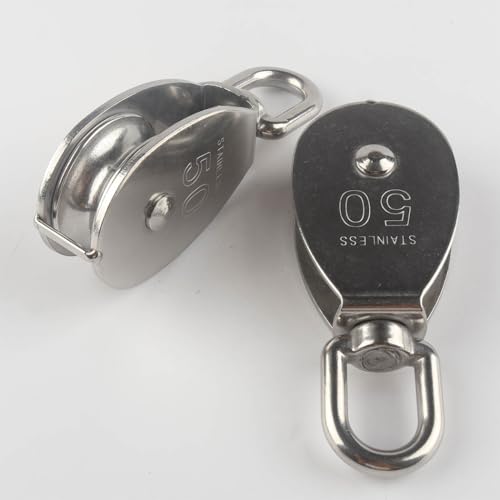 2Pcs M50 Stainless Steel Single Pulley Block Silver Wire Rope Hanging Towing Wheel Lifting Crane Swivel Pulley - size: M50-2PCS