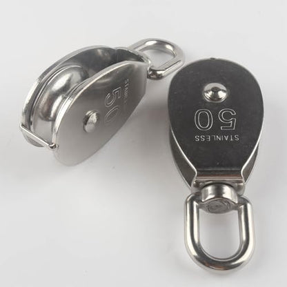 2Pcs M50 Stainless Steel Single Pulley Block Silver Wire Rope Hanging Towing Wheel Lifting Crane Swivel Pulley - size: M50-2PCS