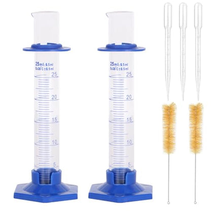2Pcs 25ml Graduated Cylinder, Thick Glass Measuring Cylinder, with Anti-Falling Plastic Base and Bumper Guards, for Science Laboratory Measuring Liquid, Bring 2 Brushes and droppers - size: 25ml