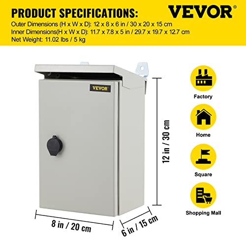 VEVOR Electrical Enclosure, 12'' x 8'' x 6'', UL Certified NEMA 4 Outdoor IP65 Waterproof Cold-Rolled Carbon Steel Hinged Junction Box, with Rain Hood, White Gray, (ULBOX30X20X15) - size: 12" x 8" x 6"