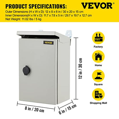 VEVOR Electrical Enclosure, 12'' x 8'' x 6'', UL Certified NEMA 4 Outdoor IP65 Waterproof Cold-Rolled Carbon Steel Hinged Junction Box, with Rain Hood, White Gray, (ULBOX30X20X15) - size: 12" x 8" x 6"