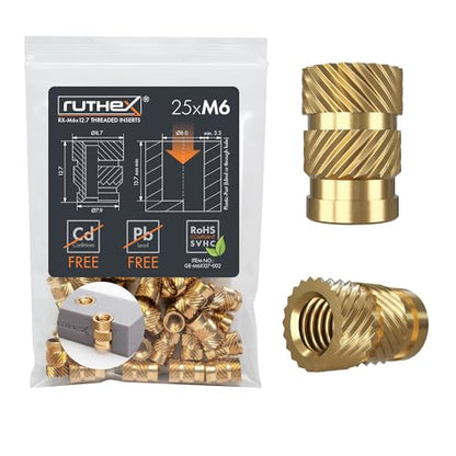 ruthex M6 Threaded Inserts - 25 Pieces RX-M6x12.7 Brass Heat Set Insert for Plastic Parts - Metric knurled Nuts - Insert by Heat into 3D Printing Components - color: Metric Threaded Insert, size: M6x12.7 (25pcs)