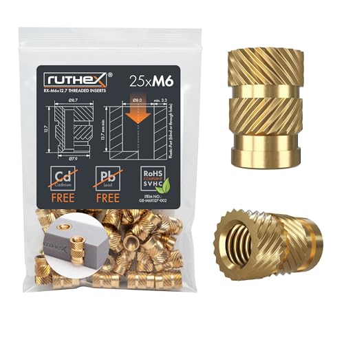 ruthex M6 Threaded Inserts - 25 Pieces RX-M6x12.7 Brass Heat Set Insert for Plastic Parts - Metric knurled Nuts - Insert by Heat into 3D Printing Components - color: Metric Threaded Insert, size: M6x12.7 (25pcs)