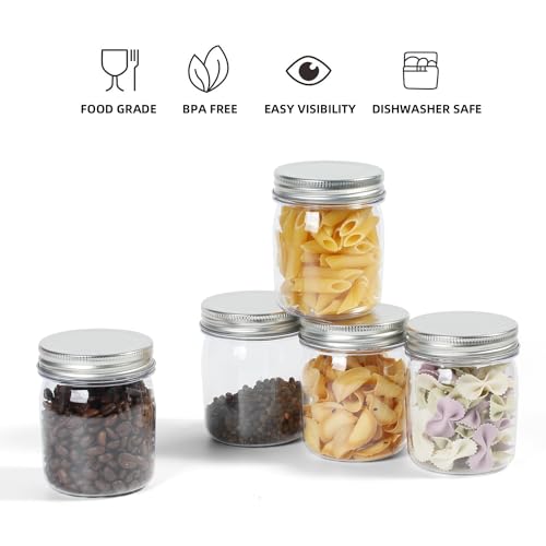 8 Ounce Clear Plastic Mason Jars With Screw On Lid, Reusable Empty Jars for Food Storage, Round BPA Free Containers for Sealing, Dry Food, Snacks, Candies, Breakage-proof, (Silver - 32 Pack)