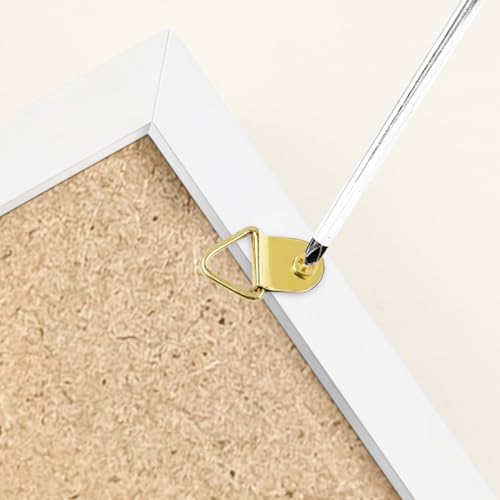 100 Pack Steel Picture Hangers with 100pcs 8mm Screws, Small Triangle Ring, Light Duty D Rings for Clock, Decoration, Mirror, Paintings, Artwork Picture Frame (Gold) - color: Gold