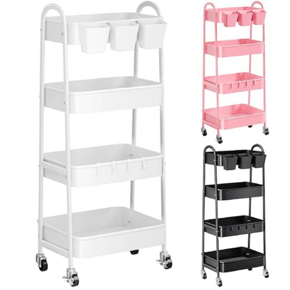 White 4 Tier Rolling Cart Metal with Wheels,Heavy Duty Utility Storage Cart - color: Simple White, size: 4 tier