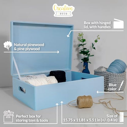 Creative Deco XL Blue Wooden Box Storage with Hinged Lid - color: Blue, size: XL | Handles