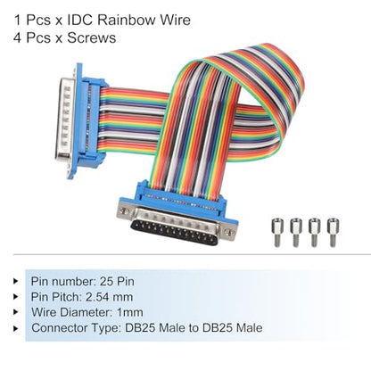 MECCANIXITY IDC Rainbow Wire Flat Ribbon Cable DB25 Male to DB25 Male 8 Inch Length 2.54mm Pitch Breadboard Jumper Wires for Electronic Projects - size: 8 Inch, style: DB25 Male to DB25 Male