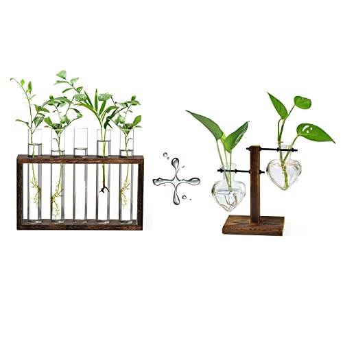 XXXFLOWER Plant Terrarium with Wooden Stand Test Tube Rack Air Planter Bulb Glass Vase Metal Swivel Holder Retro Tabletop for Hydroponics Home Garden Office Decor