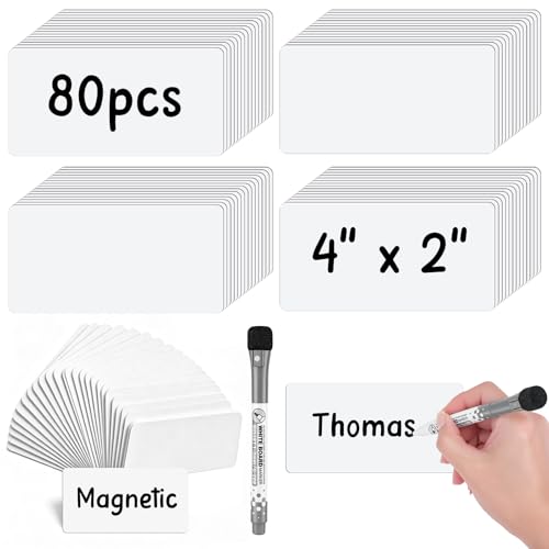 Meetory 80 Pack Magnetic Labels - 4x2 Inch Dry Erase Magnetic Labels for Whiteboards, Reusable Sticky Notes, Magnet Name Plates for Classrooms Blanked