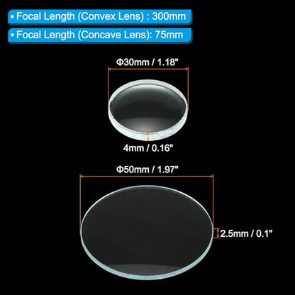 PATIKIL Convex Lens, 300-75mm Focal Length 50/30mm (1.97/1.18") Diameter Round Glass Magnifying Telescope Lens Trial Set Ground Edge for Lab Physics Class Optics, 4 Pcs - size: 300/-75mm FL, 50/30mm Dia.