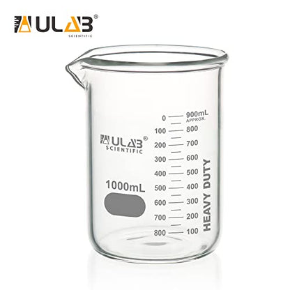 ULAB Heavy Duty Glass Beakers, 2pcs of Vol.1000ml(33.8oz), Borosilicate 3.3 Glass, Thick Wall Beakers, with Double Scale, Superior Durability & Chemical Resistance, UBG1065 - style: 2pcs of Vol.1000ml