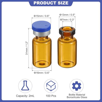 PATIKIL 2ml Sample Vials, 100 Pack Lab Empty Vials with Butyl Rubber Stopper Crimp Top Caps and Labels Borosilicate Glass Vial, Amber - color: Amber, size: 2ml