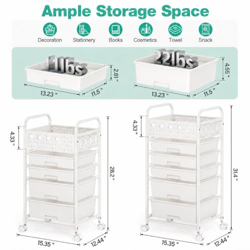 SYKIARIOL 4 Drawer Rolling Storage Cart with Pegboard Top and Hooks, White - color: White, size: 4-Drawers