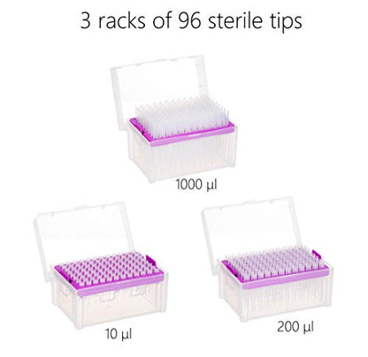 Complete 4 Micropipettes Kit: 4 Pipettors (0.5-10μl 10-100μl 100-1000μl 1000-5000μl); Pipette Stand; 3 Racks of 96 Sterile Pipette Tips
