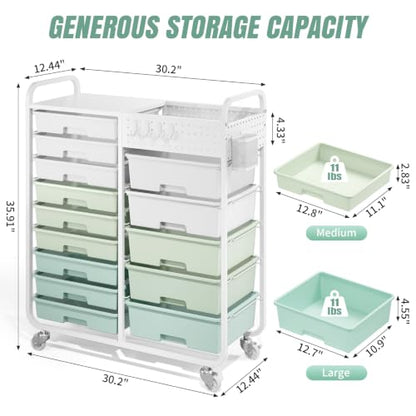 14 Drawer Rolling Storage Cart with Tabletop and Pegboard for Crafts Green - color: Green