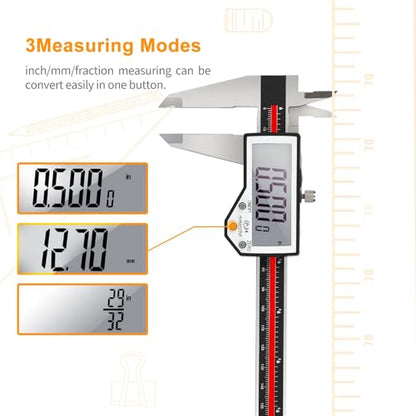 Digital Caliper, 8" Caliper Measuring Tool Extreme Accuracy Waterproof Electronic Vernier Caliper Industrial Stainless Steel Digital, Durable Measuring Tool with Large LCD Screen - color: Red Stainless Steel, size: 8"