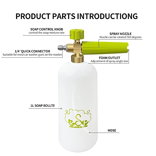 ESP Foam Cannon Snow Foam Lance Pressure Power Jet Washer Quick Release Adjustable Nozzle with 1 Liter Bottle Washing Mitts 1 Towel - color: Green
