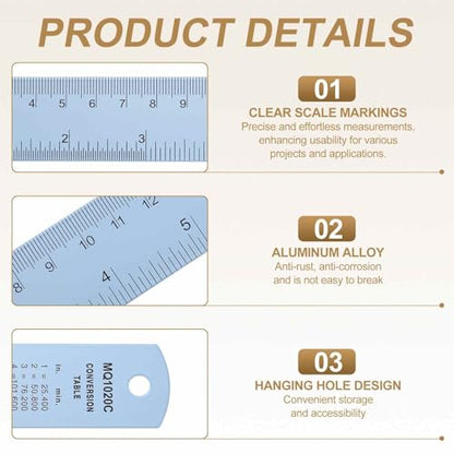 HARFINGTON 2pcs Metal Straight Ruler 30cm Metric SAE Aluminum Alloy Measuring Rulers Scale Tool with Hole for Measure Study Reading Classroom Office, Light Blue - color: Light Blue, size: 30cm