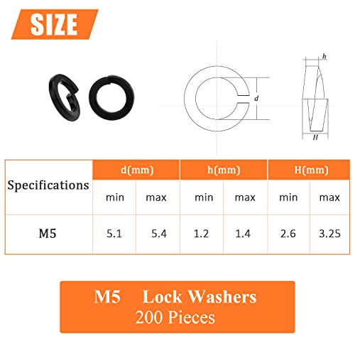 HELIFOUNER 200 Pieces 8.8 Grade Alloy Steel M5 Split Lock Washers, Spring Lock Washers for Screws Bolts, Black - color: Black, size: M5 (200 PCS)