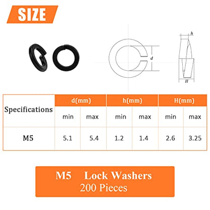 HELIFOUNER 200 Pieces 8.8 Grade Alloy Steel M5 Split Lock Washers, Spring Lock Washers for Screws Bolts, Black - color: Black, size: M5 (200 PCS)