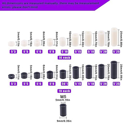 Swpeet 180Pcs Black White Nylon Round Spacer Standoff Screw Nut Assortment Kit, Nylon ABS Plastic Standoff ID 5.4mm OD 9mm, Length 3mm 5mm 6mm 8mm 10mm 12mm 18mm 20mm 25mm for M5 Screws Prototyping