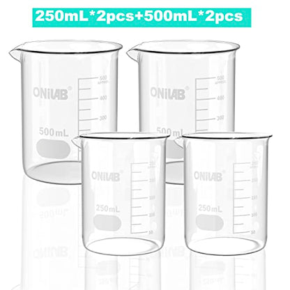 ONiLAB Glass Beaker Set, 250mL & 500mL, 4 Pcs - style: 250ml-2pcs/500ml-2pcs