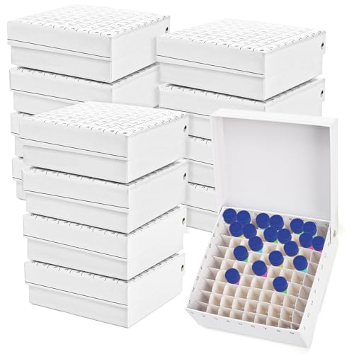 ZENFUN 12 Pc Cardboard Lab Freezer Box with Lid, 81-Well Microtube Storage Box with Ice Resistant Coating, Test Tube Vial Holder 2" Height for 1.5-2 ml Tubes, Perfume Sample Organizer, White