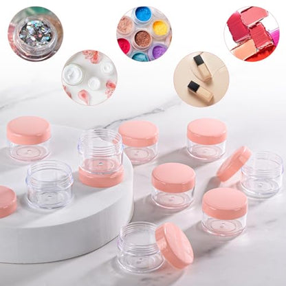 Refillable Cosmetic Sample Jars - 100 Pack 15g (0.5oz) Pink Small Travel Containers with Lids + 10 Mini Makeup Spatulas - BPA Free - color: Pink, size: 15g (100 Count)
