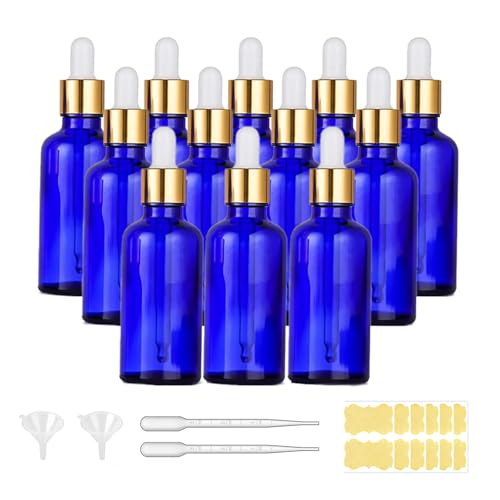 12 Pack 50ml Blue Glass Dropper Bottle, 1.7 oz Tincture Bottle with Droppper with Eye Dropper and Gold Cap, Leak Proof Travel for Essential Oils/Chemistry Lab Chemicals/Cologne and Perfume - color: Blue, size: 1.7 Ounces