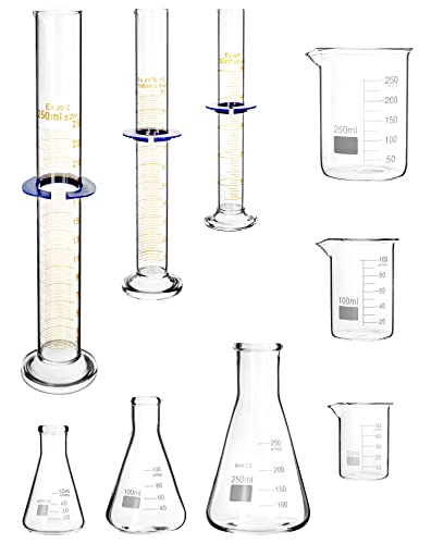 QWORK Lab Glassware Set, Beaker Flask Cylinder Set, 9 Pieces - Includes 3 Erlenmeyer Flasks, 3 Beakers, & 3 Grade A Graduated Cylinders - Borosilicate 3.3 Glass