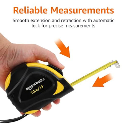 Amazon Basics Self-Locking Tape Measure with Belt Clip, 33 feet (10 m), Inch/Metric Scale, MID Accuracy, Black, Yellow - color: Black, Yellow, size: 10.1 m