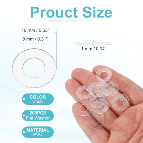 PATIKIL Flat Washer, 200 Pcs PVC Plastic Washers Round Sealing Spacer Gasket 8mm ID 16mm OD 1mm Thickness for Shower Door Handles Towel Bars Grommets Hardware Replacement, Clear - size: 8mm ID x 16mm OD x 1mm Thickness