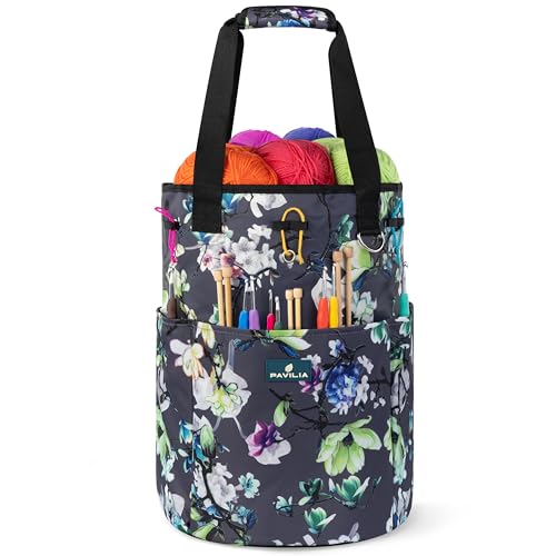 PAVILIA Crochet Bag Knitting Bag Organizer, Yarn Bag Storage Tote for Crocheting On The Go, Knitting Accessories Supplies Holder with Grommets, Gift for Crochet Lovers Knitters (Floral Gray) - color: Floral Gray