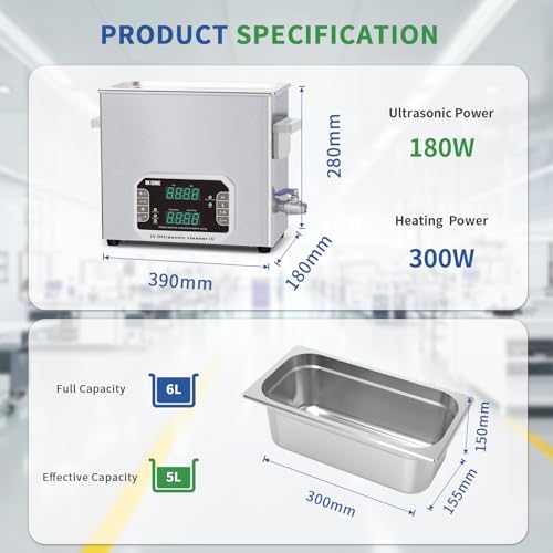 DK SONIC Professional Ultrasonic Cleaner 6L, 180W Heavy-Duty Sonic Cleaner with Timer,Heater&Touch Control, Multi-Application for Motorcycle Engines, Carburetors, Chains (Include Basket) - size: 6L