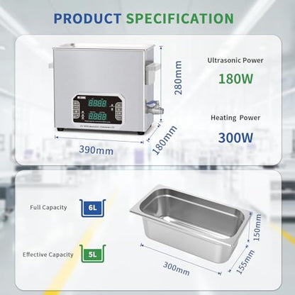 DK SONIC Professional Ultrasonic Cleaner 6L, 180W Heavy-Duty Sonic Cleaner with Timer,Heater&Touch Control, Multi-Application for Motorcycle Engines, Carburetors, Chains (Include Basket) - size: 6L